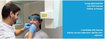 on the left image of patient getting ready for an oral scan and on the right a light blue box with white text with information on event